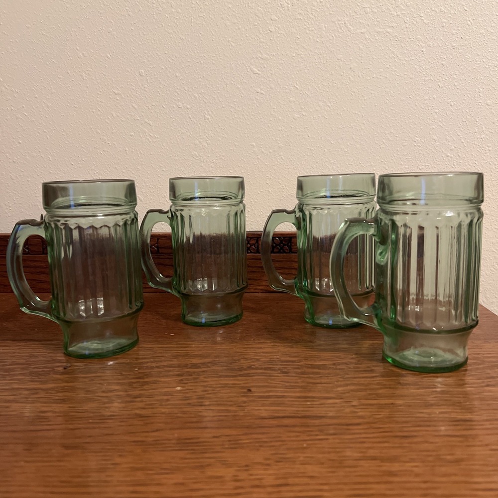 Anchor Hocking Beer Mugs Vintage Set of 4 Line Lites Green Glasses